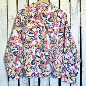 Jessica London Floral Denim Jacket Plus 20 W Multicolor Cotton Boho Artsy Whimsy